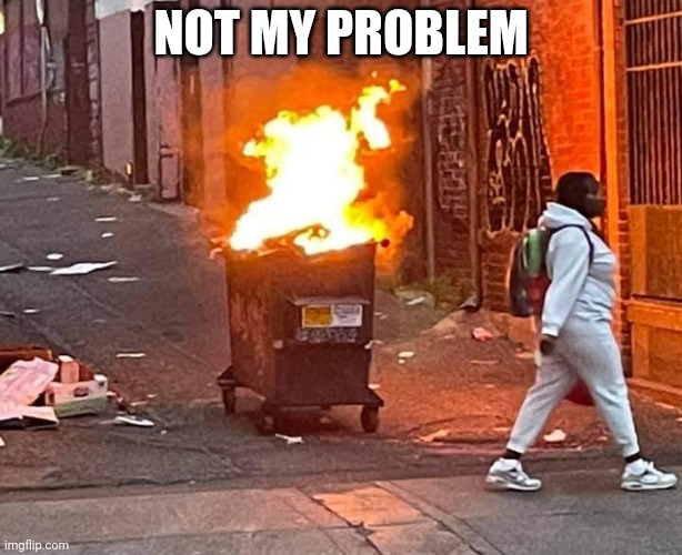 Walking Away From a  Dumpster Fire | NOT MY PROBLEM | image tagged in walking away from a dumpster fire | made w/ Imgflip meme maker