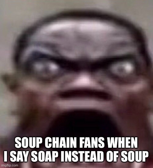 guy screaming | SOUP CHAIN FANS WHEN I SAY SOAP INSTEAD OF SOUP | image tagged in guy screaming | made w/ Imgflip meme maker
