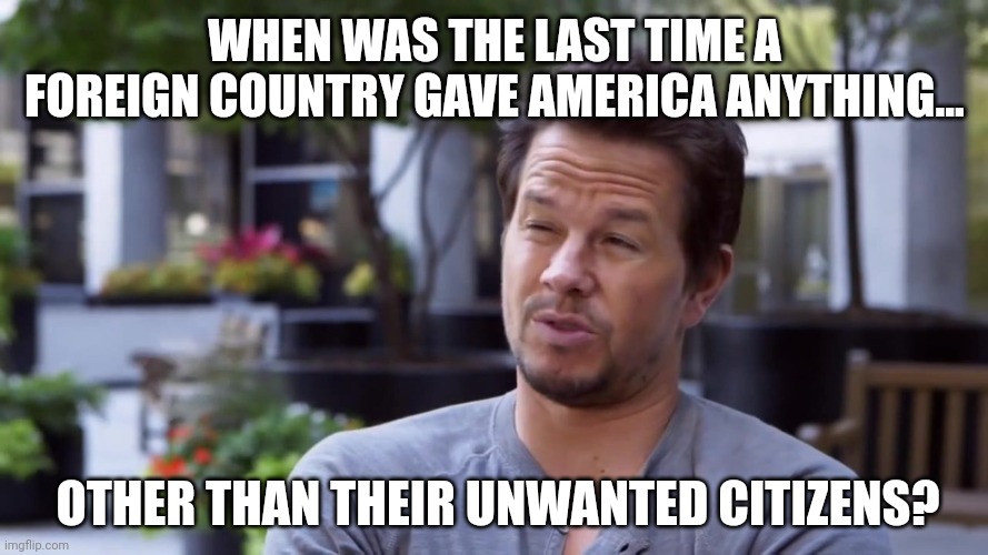 Other than the statue of liberty too. | WHEN WAS THE LAST TIME A FOREIGN COUNTRY GAVE AMERICA ANYTHING... OTHER THAN THEIR UNWANTED CITIZENS? | image tagged in curious wahlberg | made w/ Imgflip meme maker