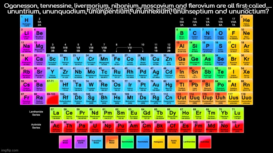 why new elements start with unun? | Oganesson, tennessine, livermorium, nihonium, moscovium and flerovium are all first called..... ununtrium, ununquadium, ununpentium, ununhexium, ununseptium and ununoctium? | image tagged in periodic table of elements | made w/ Imgflip meme maker