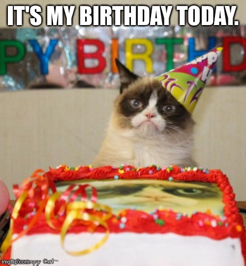 Happy B-day | IT'S MY BIRTHDAY TODAY. | image tagged in memes,grumpy cat birthday,grumpy cat,birthday of me,special event | made w/ Imgflip meme maker