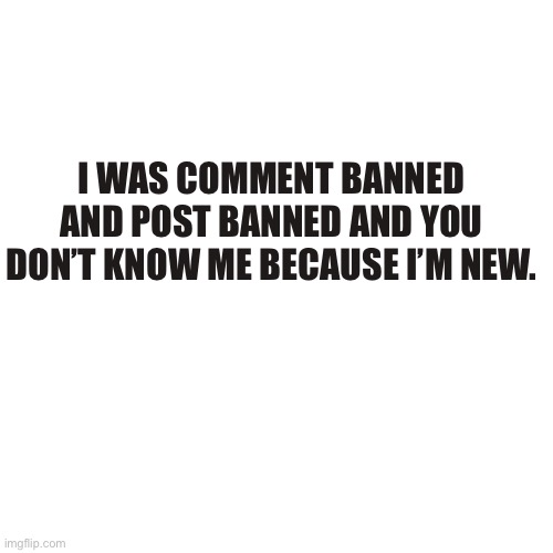 Yeeyee | I WAS COMMENT BANNED AND POST BANNED AND YOU DON’T KNOW ME BECAUSE I’M NEW. | image tagged in memes,blank transparent square | made w/ Imgflip meme maker