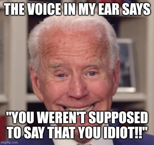 Joe Biden Poopy | THE VOICE IN MY EAR SAYS "YOU WEREN'T SUPPOSED TO SAY THAT YOU IDIOT!!" | image tagged in joe biden poopy | made w/ Imgflip meme maker