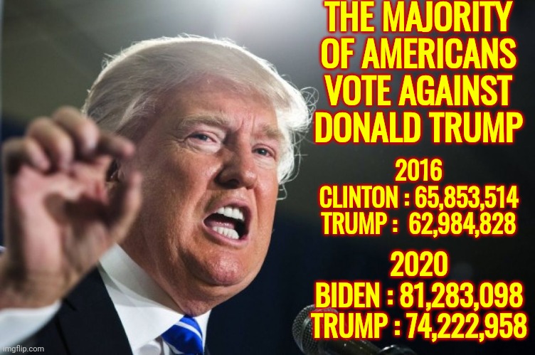 Two. Time. Loser. | THE MAJORITY OF AMERICANS VOTE AGAINST DONALD TRUMP; 2016

CLINTON : 65,853,514
TRUMP :  62,984,828; 2020

BIDEN : 81,283,098
TRUMP : 74,222,958 | image tagged in donald trump,memes,loser,two time loser,trump lost twice,lock him up | made w/ Imgflip meme maker