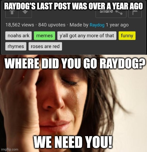 Where did he go! | RAYDOG'S LAST POST WAS OVER A YEAR AGO; WHERE DID YOU GO RAYDOG? WE NEED YOU! | image tagged in memes,first world problems,raydog | made w/ Imgflip meme maker