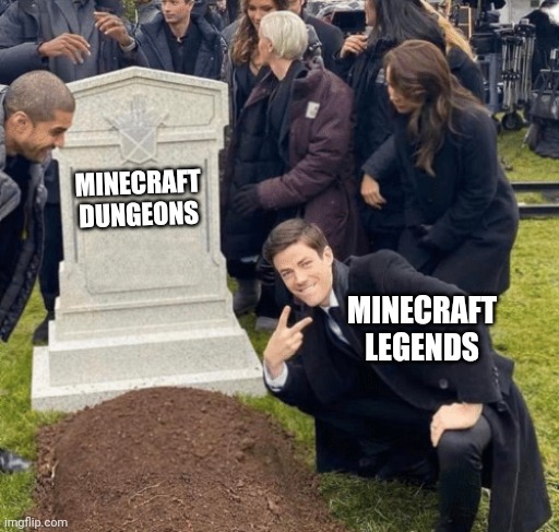 Grant Gustin over grave | MINECRAFT DUNGEONS; MINECRAFT LEGENDS | image tagged in grant gustin over grave | made w/ Imgflip meme maker