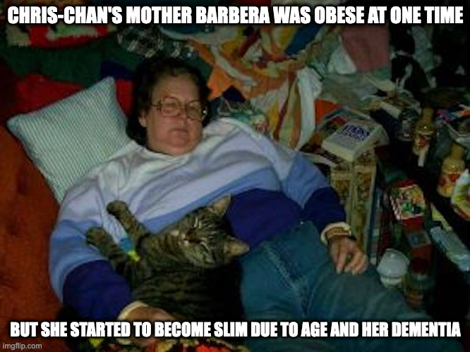 Obese Barbera | CHRIS-CHAN'S MOTHER BARBERA WAS OBESE AT ONE TIME; BUT SHE STARTED TO BECOME SLIM DUE TO AGE AND HER DEMENTIA | image tagged in chris-chan,memes,barbera | made w/ Imgflip meme maker