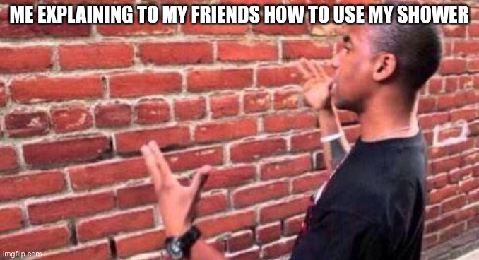 They think my shower is so complicated | ME EXPLAINING TO MY FRIENDS HOW TO USE MY SHOWER | image tagged in brick wall | made w/ Imgflip meme maker