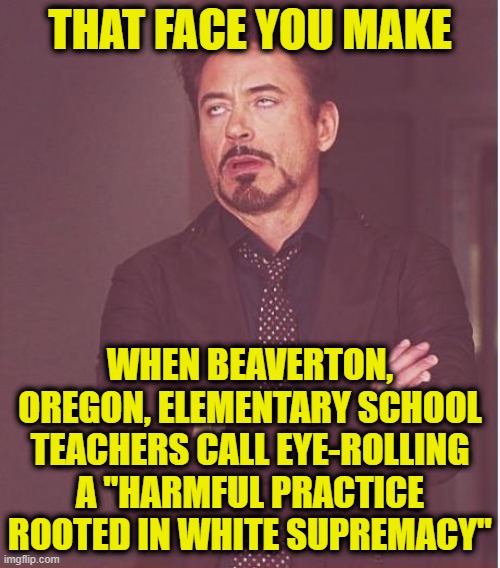 You Can't Make This Up |  THAT FACE YOU MAKE; WHEN BEAVERTON, OREGON, ELEMENTARY SCHOOL TEACHERS CALL EYE-ROLLING A "HARMFUL PRACTICE ROOTED IN WHITE SUPREMACY" | image tagged in memes,face you make robert downey jr,eye-rolling,white supremacy | made w/ Imgflip meme maker