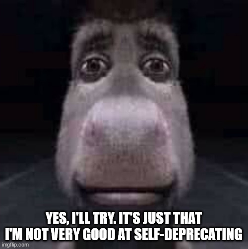 Donkey staring | YES, I'LL TRY. IT'S JUST THAT I'M NOT VERY GOOD AT SELF-DEPRECATING | image tagged in donkey staring | made w/ Imgflip meme maker