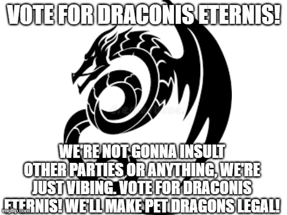 Vote for draconis eternis! | VOTE FOR DRACONIS ETERNIS! WE'RE NOT GONNA INSULT OTHER PARTIES OR ANYTHING, WE'RE JUST VIBING. VOTE FOR DRACONIS ETERNIS! WE'LL MAKE PET DRAGONS LEGAL! | image tagged in blank white template | made w/ Imgflip meme maker