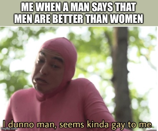Lol | ME WHEN A MAN SAYS THAT MEN ARE BETTER THAN WOMEN | image tagged in i dunno man seems kinda gay to me | made w/ Imgflip meme maker