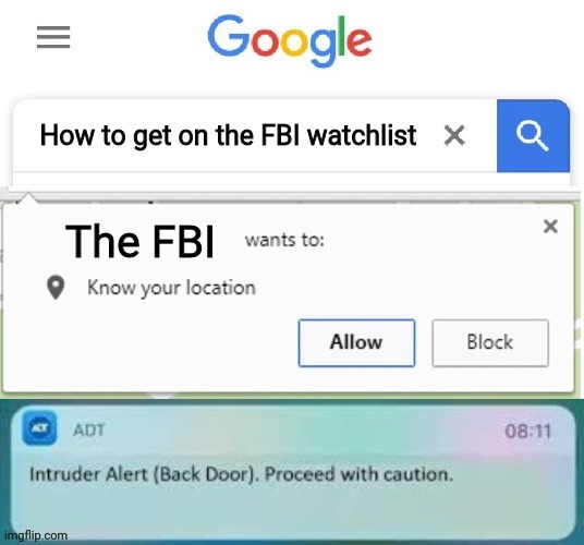 First posted by me in February 2022 | How to get on the FBI watchlist; The FBI | image tagged in x wants to know your location intruder alert,memes,funny | made w/ Imgflip meme maker