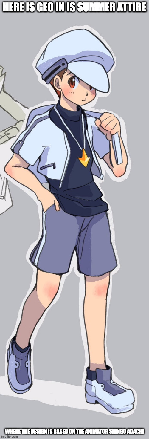 Geo Stelar Summer Attire | HERE IS GEO IN IS SUMMER ATTIRE; WHERE THE DESIGN IS BASED ON THE ANIMATOR SHINGO ADACHI | image tagged in geo stelar,megaman,megaman star force,memes | made w/ Imgflip meme maker