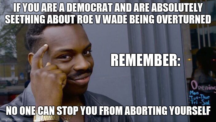 There's always a solution, mad democrats! | IF YOU ARE A DEMOCRAT AND ARE ABSOLUTELY SEETHING ABOUT ROE V WADE BEING OVERTURNED; REMEMBER:; NO ONE CAN STOP YOU FROM ABORTING YOURSELF | image tagged in memes,roll safe think about it,dems mad,seething,wahhh i cant murder babies | made w/ Imgflip meme maker