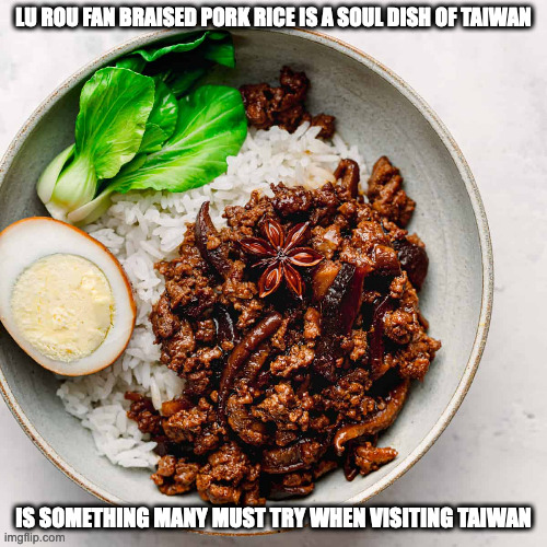 Braised Pork Rice | LU ROU FAN BRAISED PORK RICE IS A SOUL DISH OF TAIWAN; IS SOMETHING MANY MUST TRY WHEN VISITING TAIWAN | image tagged in food,memes | made w/ Imgflip meme maker