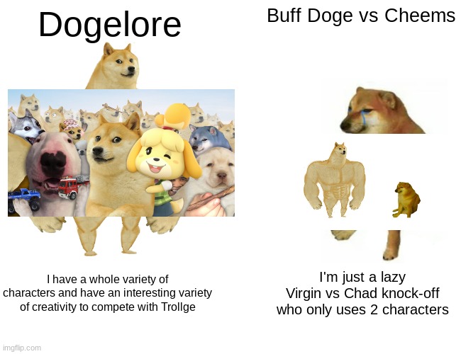 Better Doge series | Dogelore; Buff Doge vs Cheems; I have a whole variety of characters and have an interesting variety of creativity to compete with Trollge; I'm just a lazy Virgin vs Chad knock-off who only uses 2 characters | image tagged in memes,buff doge vs cheems,doge,dogelore | made w/ Imgflip meme maker