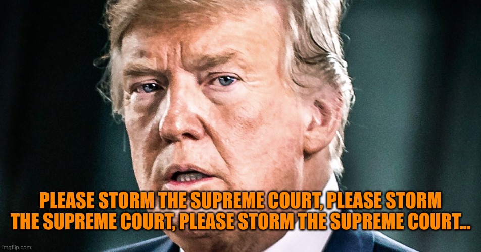 trump watching reaction to the scotus overturning roe v. wade the day after a damning Jan. 6th Committee hearing | PLEASE STORM THE SUPREME COURT, PLEASE STORM THE SUPREME COURT, PLEASE STORM THE SUPREME COURT... | image tagged in trump desperate frightened scared,january 6,abortion,whataboutism,ammunition | made w/ Imgflip meme maker