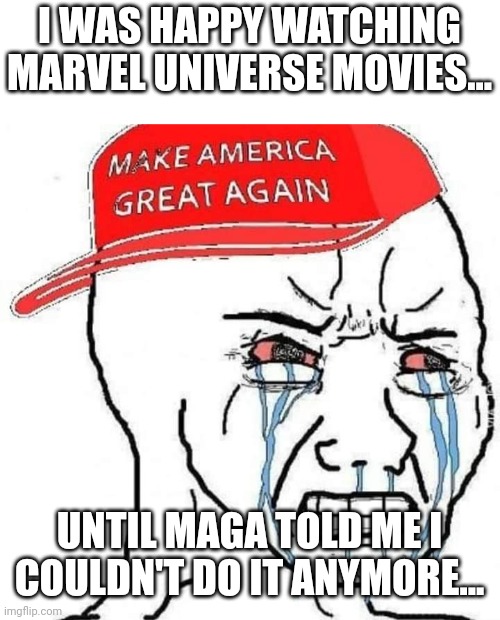 No marvel for maga | I WAS HAPPY WATCHING MARVEL UNIVERSE MOVIES... UNTIL MAGA TOLD ME I COULDN'T DO IT ANYMORE... | image tagged in conservative,republican,liberal,marvel cinematic universe,trump,maga | made w/ Imgflip meme maker