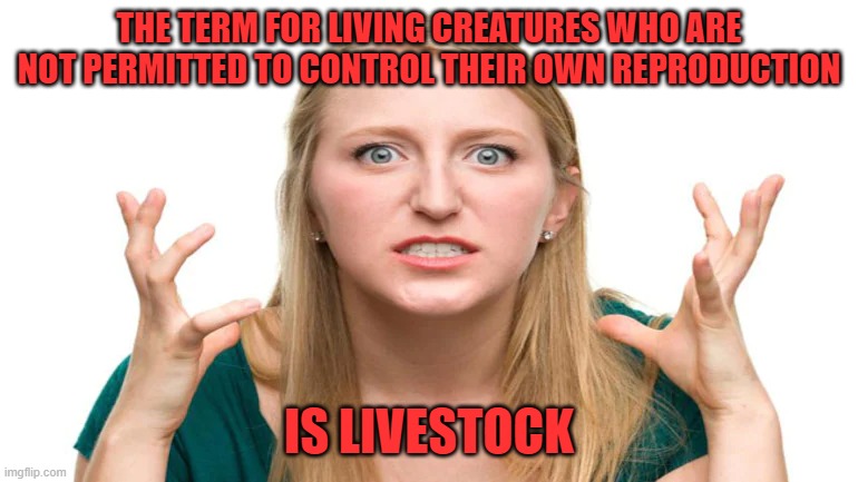 Trust Women | THE TERM FOR LIVING CREATURES WHO ARE NOT PERMITTED TO CONTROL THEIR OWN REPRODUCTION; IS LIVESTOCK | image tagged in abortion,women's rights | made w/ Imgflip meme maker