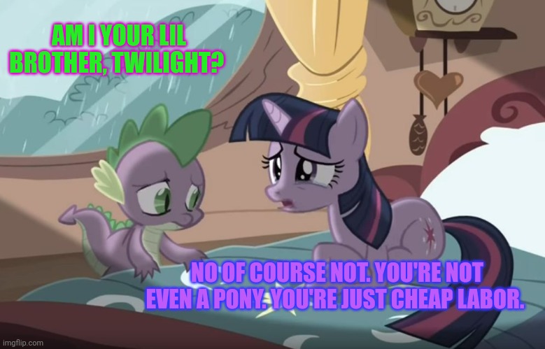 Spike the indentured servant | AM I YOUR LIL BROTHER, TWILIGHT? NO OF COURSE NOT. YOU'RE NOT EVEN A PONY. YOU'RE JUST CHEAP LABOR. | image tagged in mlp twilight and spike,spike | made w/ Imgflip meme maker