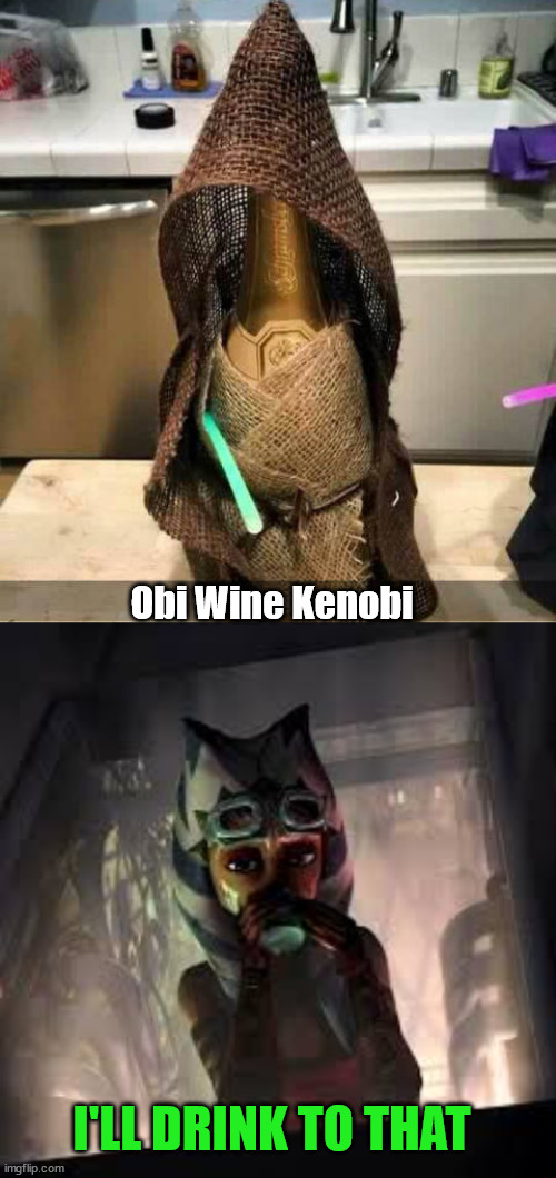 Obi Wine Kenobi; I'LL DRINK TO THAT | image tagged in ahsoka goggles and drink,starwars | made w/ Imgflip meme maker