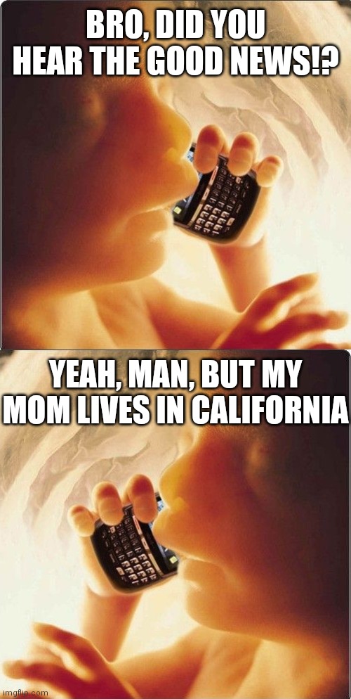 Location location location | BRO, DID YOU HEAR THE GOOD NEWS!? YEAH, MAN, BUT MY MOM LIVES IN CALIFORNIA | image tagged in baby in womb on cell phone - fetus blackberry,democrats,abortion | made w/ Imgflip meme maker