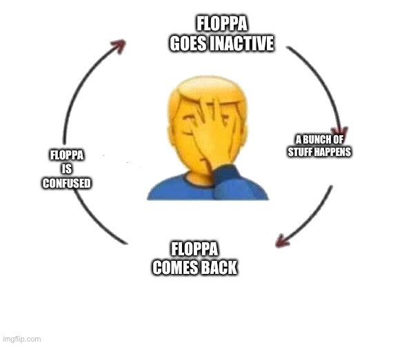 I Meet Someone, We Talk, They Leave | FLOPPA GOES INACTIVE; FLOPPA IS CONFUSED; A BUNCH OF STUFF HAPPENS; FLOPPA COMES BACK | image tagged in i meet someone we talk they leave | made w/ Imgflip meme maker