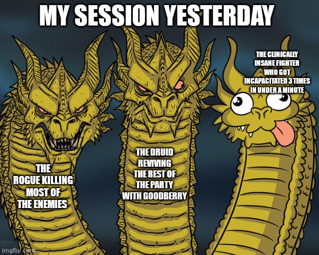 Three-headed Dragon | MY SESSION YESTERDAY; THE CLINICALLY INSANE FIGHTER WHO GOT INCAPACITATED 3 TIMES IN UNDER A MINUTE; THE DRUID REVIVING THE REST OF THE PARTY WITH GOODBERRY; THE ROGUE KILLING MOST OF THE ENEMIES | image tagged in three-headed dragon,dndmemes | made w/ Imgflip meme maker
