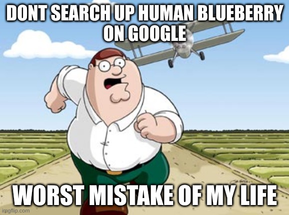 Peter Griffin running away from a plane | DONT SEARCH UP HUMAN BLUEBERRY
ON GOOGLE; WORST MISTAKE OF MY LIFE | image tagged in peter griffin running away from a plane | made w/ Imgflip meme maker