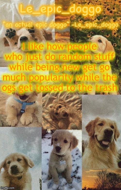 Doggo temp by doggo. Wait what that’s confusing | I like how people who just do random stuff while being new get go much popularity while the ogs get tossed to the trash | image tagged in doggo temp by doggo wait what that s confusing | made w/ Imgflip meme maker