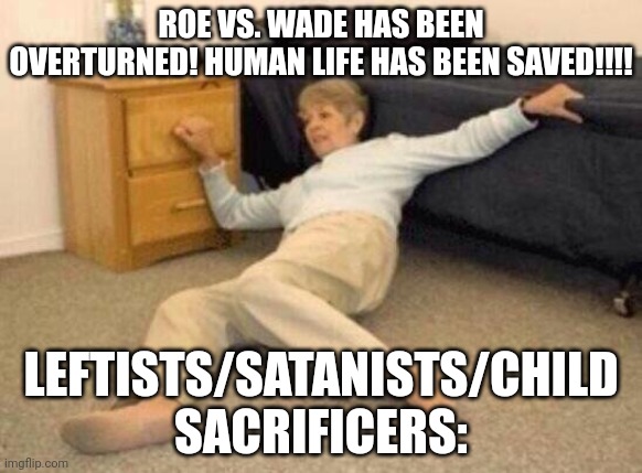 woman falling in shock | ROE VS. WADE HAS BEEN OVERTURNED! HUMAN LIFE HAS BEEN SAVED!!!! LEFTISTS/SATANISTS/CHILD SACRIFICERS: | image tagged in woman falling in shock | made w/ Imgflip meme maker