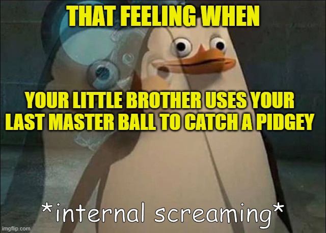 AAAHHHH. I WAS SAVING THAT FOR ETERNATAS | THAT FEELING WHEN; YOUR LITTLE BROTHER USES YOUR LAST MASTER BALL TO CATCH A PIDGEY | image tagged in private internal screaming,pokemon,master ball,little brother,anger,cheese because yes | made w/ Imgflip meme maker