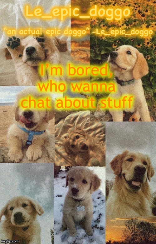 Doggo temp by doggo. Wait what that’s confusing | I’m bored, who wanna chat about stuff | image tagged in doggo temp by doggo wait what that s confusing | made w/ Imgflip meme maker