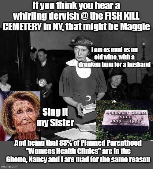 Eugenics was dealt a DEVASTATING BLOW today | If you think you hear a whirling dervish @ the FISH KILL CEMETERY in NY, that might be Maggie; I am as mad as an old wino, with a drunken bum for a husband; Sing it my Sister; And being that 83% of Planned Parenthood "Womens Health Clinics" are in the Ghetto, Nancy and I are mad for the same reason | image tagged in how are democrats going to cull the herds now | made w/ Imgflip meme maker
