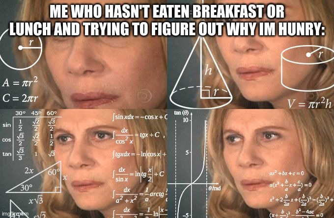 me irl | ME WHO HASN'T EATEN BREAKFAST OR LUNCH AND TRYING TO FIGURE OUT WHY IM HUNRY: | image tagged in calculating meme | made w/ Imgflip meme maker