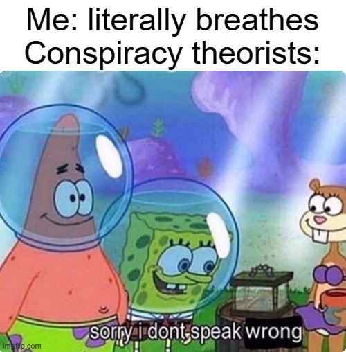 Sorry I don't speak wrong | Me: literally breathes
Conspiracy theorists: | image tagged in sorry i don't speak wrong | made w/ Imgflip meme maker