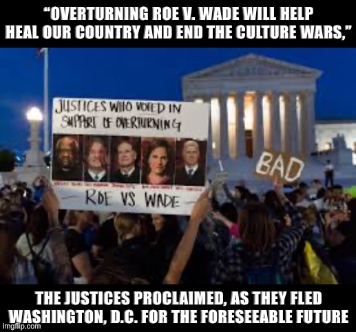 SCOTUS really just poured gasoline on the fire, insisted it’s water, and dipped. Buff doge or cheems move? | “OVERTURNING ROE V. WADE WILL HELP HEAL OUR COUNTRY AND END THE CULTURE WARS,”; THE JUSTICES PROCLAIMED, AS THEY FLED WASHINGTON, D.C. FOR THE FORESEEABLE FUTURE | image tagged in justices who voted in support of overturning roe v wade,scotus,supreme court,abortion,roe v wade,protest | made w/ Imgflip meme maker