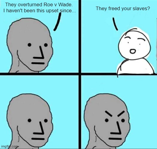 Why they gotta be so mean | They overturned Roe v Wade.  I haven't been this upset since... They freed your slaves? | image tagged in npc meme | made w/ Imgflip meme maker
