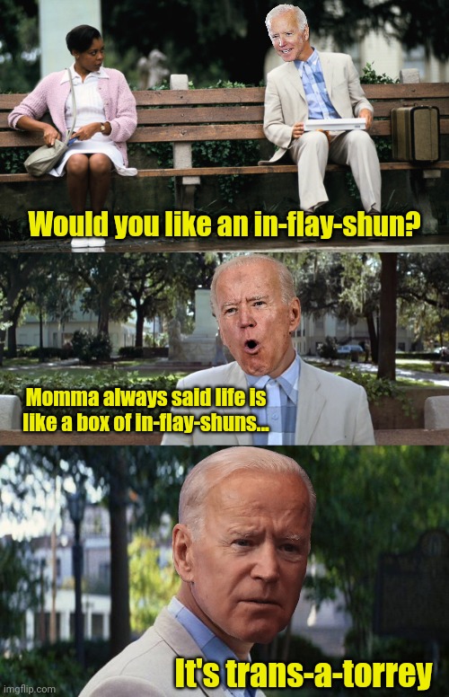 Joe Gump or Forest Biden ? | Would you like an in-flay-shun? Momma always said life is like a box of in-flay-shuns... It's trans-a-torrey | image tagged in forest gump,forrest gump,joe biden | made w/ Imgflip meme maker