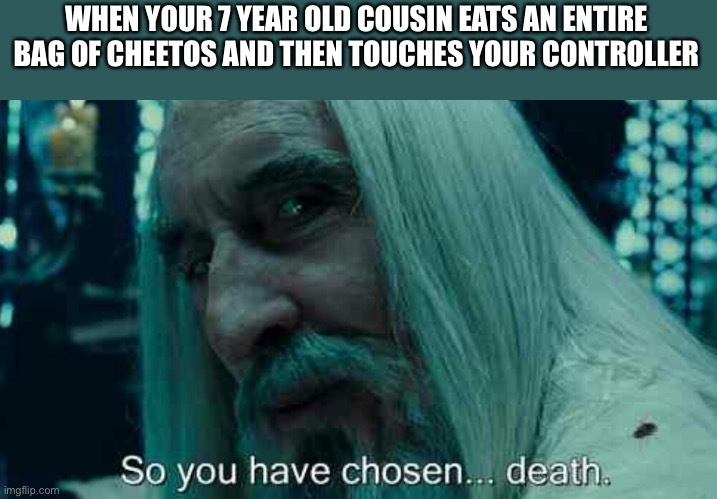 So you have chosen death | WHEN YOUR 7 YEAR OLD COUSIN EATS AN ENTIRE BAG OF CHEETOS AND THEN TOUCHES YOUR CONTROLLER | image tagged in so you have chosen death | made w/ Imgflip meme maker