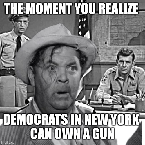 NYC guns | THE MOMENT YOU REALIZE; DEMOCRATS IN NEW YORK 
CAN OWN A GUN | image tagged in otis married,memes | made w/ Imgflip meme maker