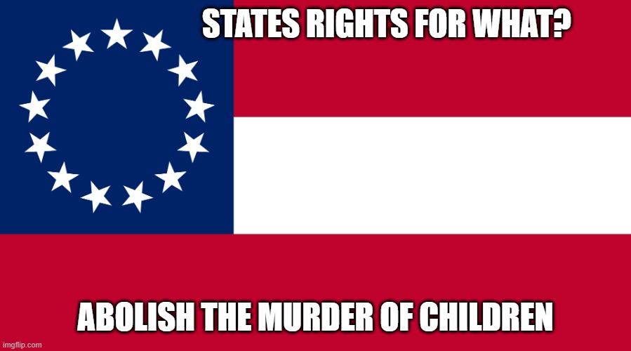 States rights | STATES RIGHTS FOR WHAT? ABOLISH THE MURDER OF CHILDREN | image tagged in southern,southern pride,rebel,rebel flag | made w/ Imgflip meme maker