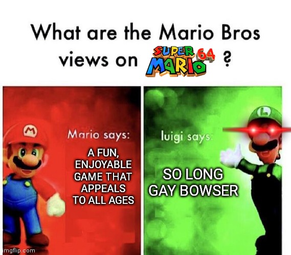 THANK YOU SOMUCH FOR TO PLAYING MA GAME | SO LONG GAY BOWSER; A FUN, ENJOYABLE GAME THAT APPEALS TO ALL AGES | image tagged in mario bros views | made w/ Imgflip meme maker