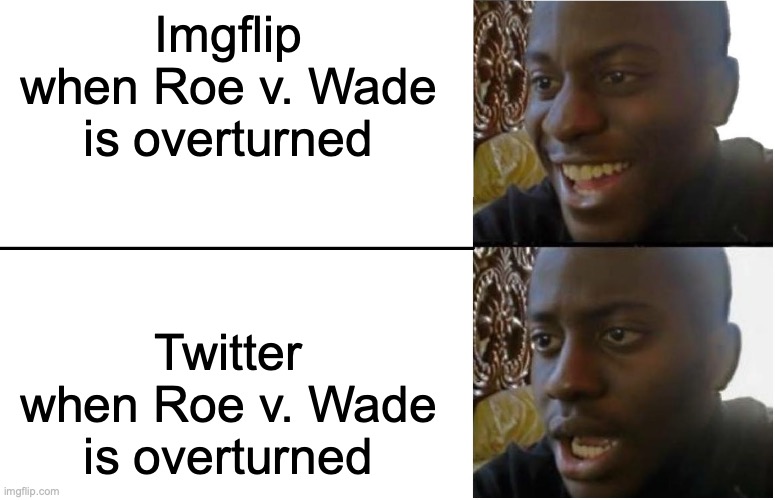 Twitter is fuming |  Imgflip when Roe v. Wade is overturned; Twitter when Roe v. Wade is overturned | image tagged in disappointed black guy,abortion,twitter,imgflip,pog | made w/ Imgflip meme maker