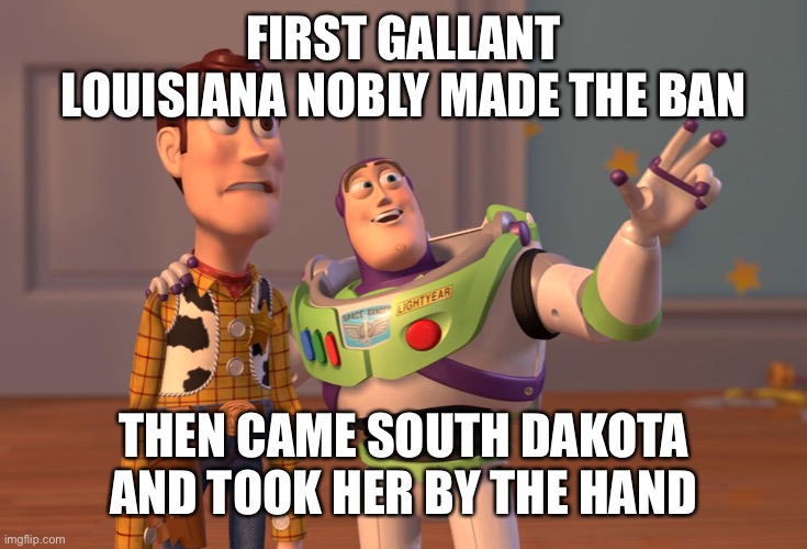 Next quickly came Kentucky | FIRST GALLANT LOUISIANA NOBLY MADE THE BAN; THEN CAME SOUTH DAKOTA AND TOOK HER BY THE HAND | image tagged in memes,x x everywhere | made w/ Imgflip meme maker