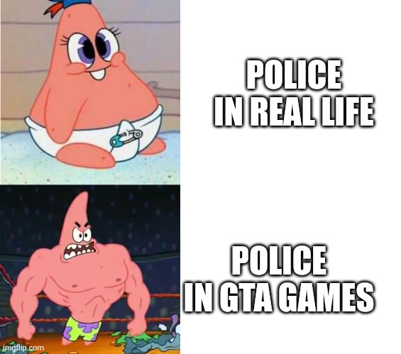 Weak vs Strong Patrick | POLICE IN REAL LIFE; POLICE IN GTA GAMES | image tagged in weak vs strong patrick | made w/ Imgflip meme maker