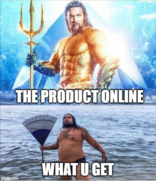 high quality vs low quality Aquaman | THE PRODUCT ONLINE; WHAT U GET | image tagged in high quality vs low quality aquaman | made w/ Imgflip meme maker