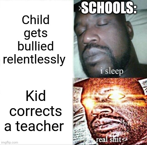 Sleeping Shaq | SCHOOLS:; Child gets bullied relentlessly; Kid corrects a teacher | image tagged in memes,sleeping shaq | made w/ Imgflip meme maker