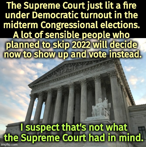 Supreme Court unelected rightwingnuts legislating from the bench | The Supreme Court just lit a fire 
under Democratic turnout in the 
midterm Congressional elections. 
A lot of sensible people who 
planned to skip 2022 will decide 
now to show up and vote instead. I suspect that's not what the Supreme Court had in mind. | image tagged in supreme court unelected rightwingnuts legislating from the bench,supreme court,guns,abortion,democratic,rage | made w/ Imgflip meme maker